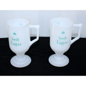 Vintage Milk Glass Irish Coffee Mugs Set of 2 Shamrock Footed Pedestal Cups